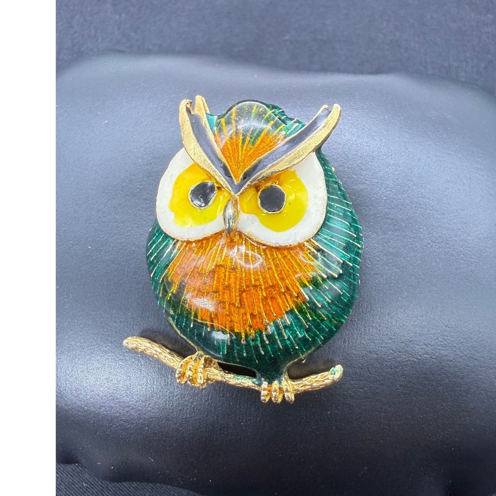 Vintage Style Enamel Owl Brooch Gold Tone Green Orange Bird Pin Fall Colors